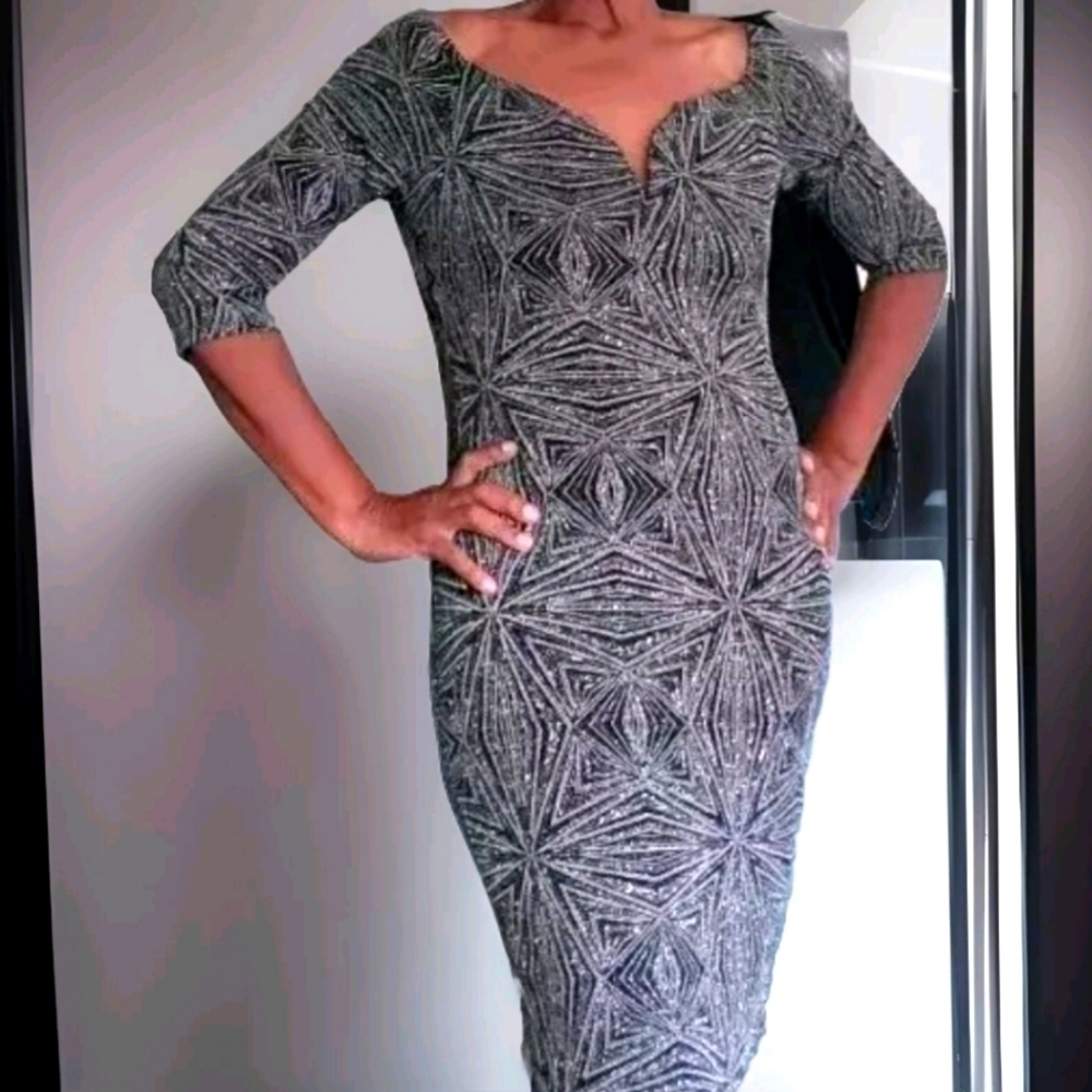 Iris Black V Neck Gold Silver Sparkle Cross Dress 1X 2X